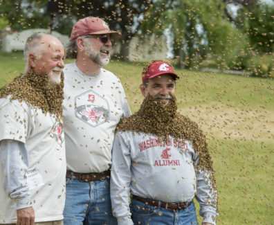 Provost Dan Bernardo, right, wears his "bee beard" along with Tim Lawrence, middle, and Steve Sheppard.